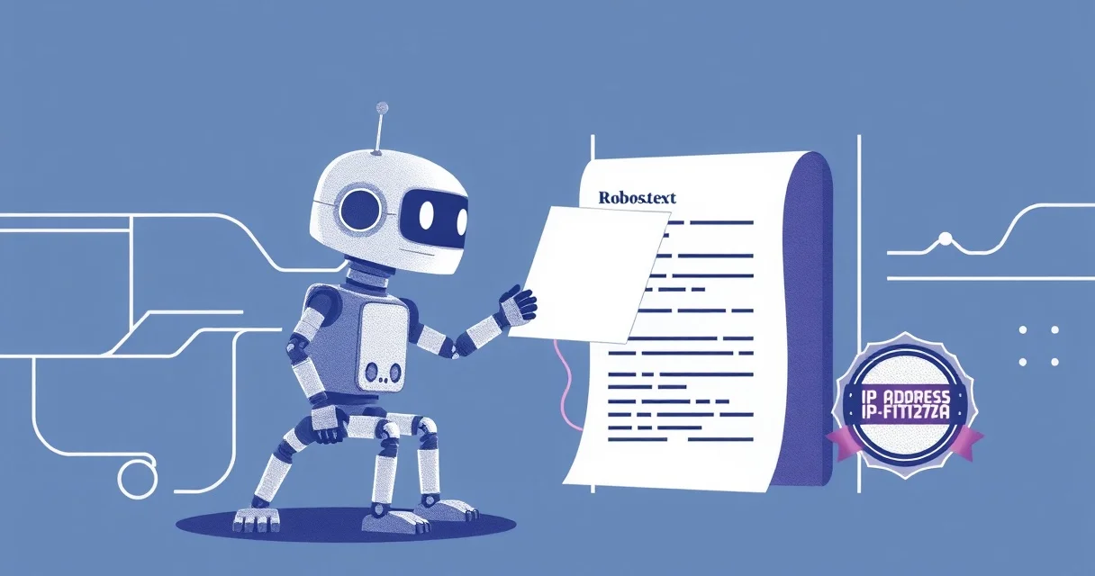 Illustration of a web crawler robot reading a page past a robots.txt gate, with an IP verification badge