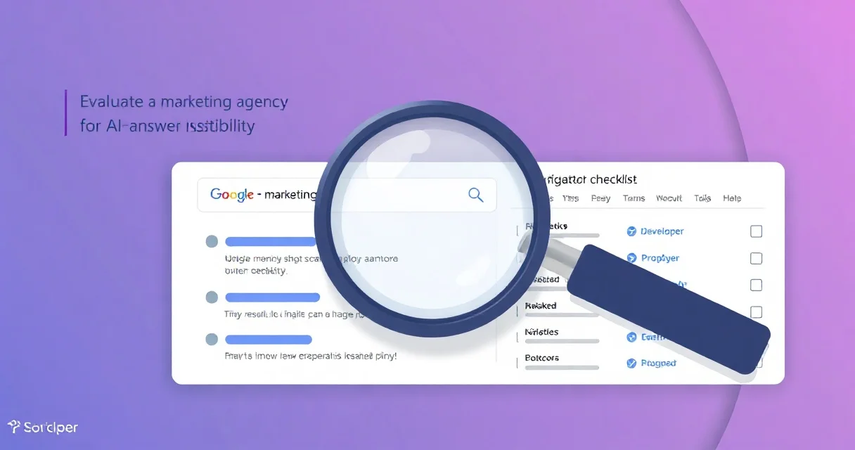 Illustration of evaluating a marketing agency for AI-answer visibility, a magnifying glass over a ranked results list
