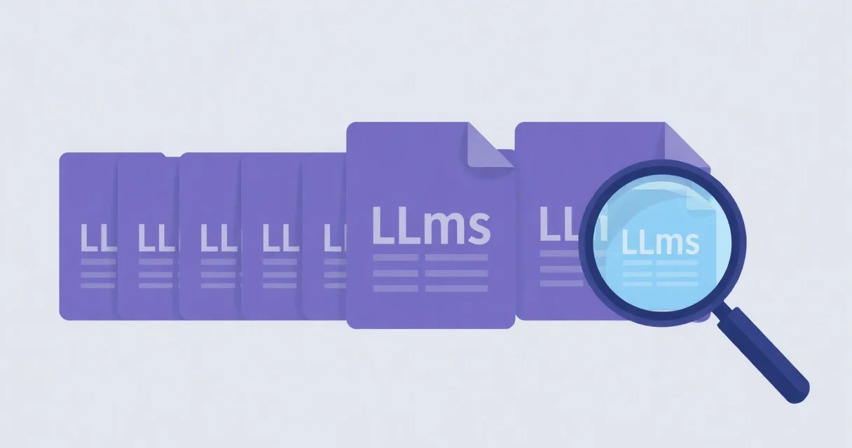 Illustration comparing real llms.txt files of very different sizes lined up for inspection