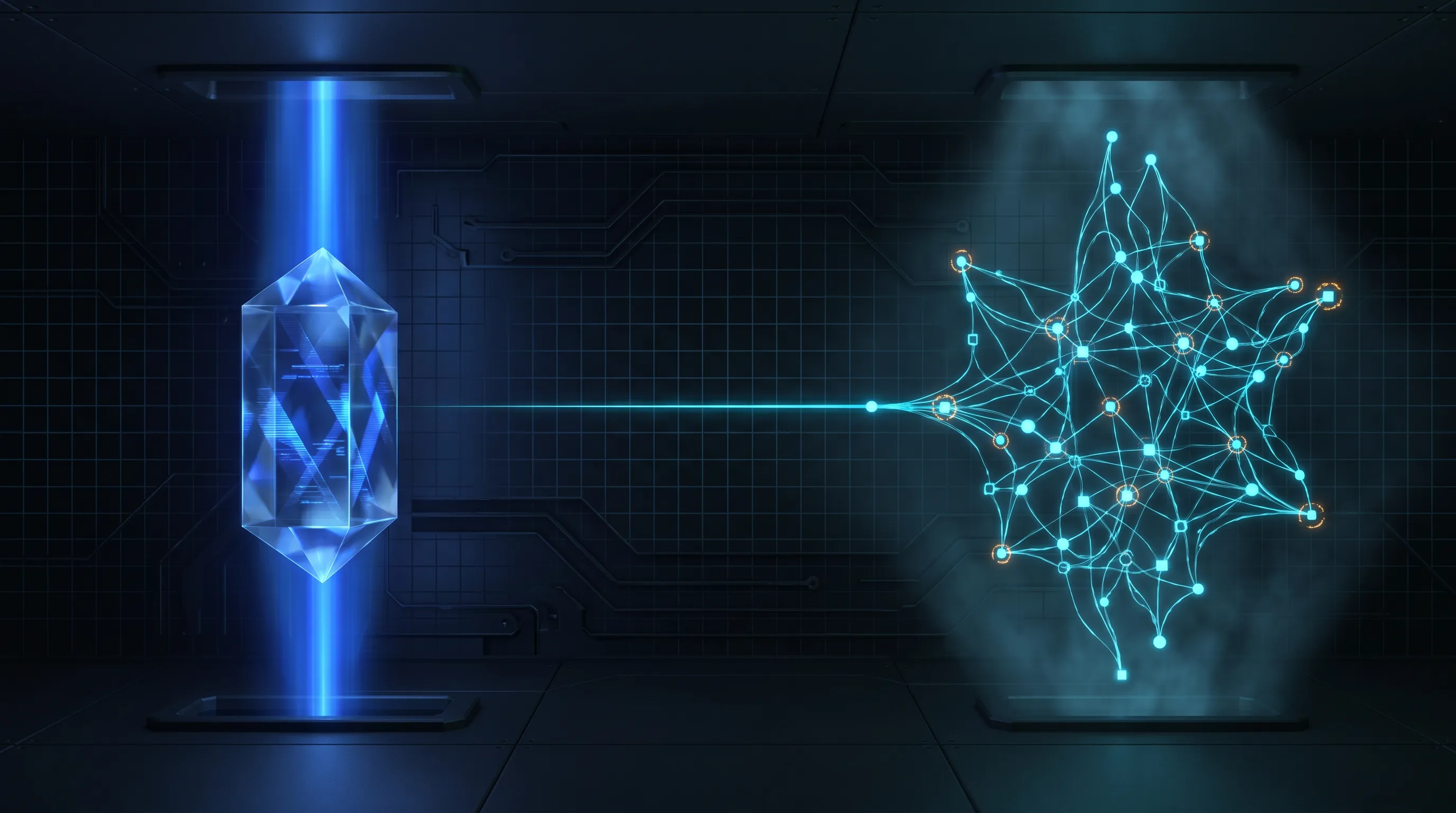 AEO versus GEO: a cobalt beam extracting an answer crystal beside a cyan citation network