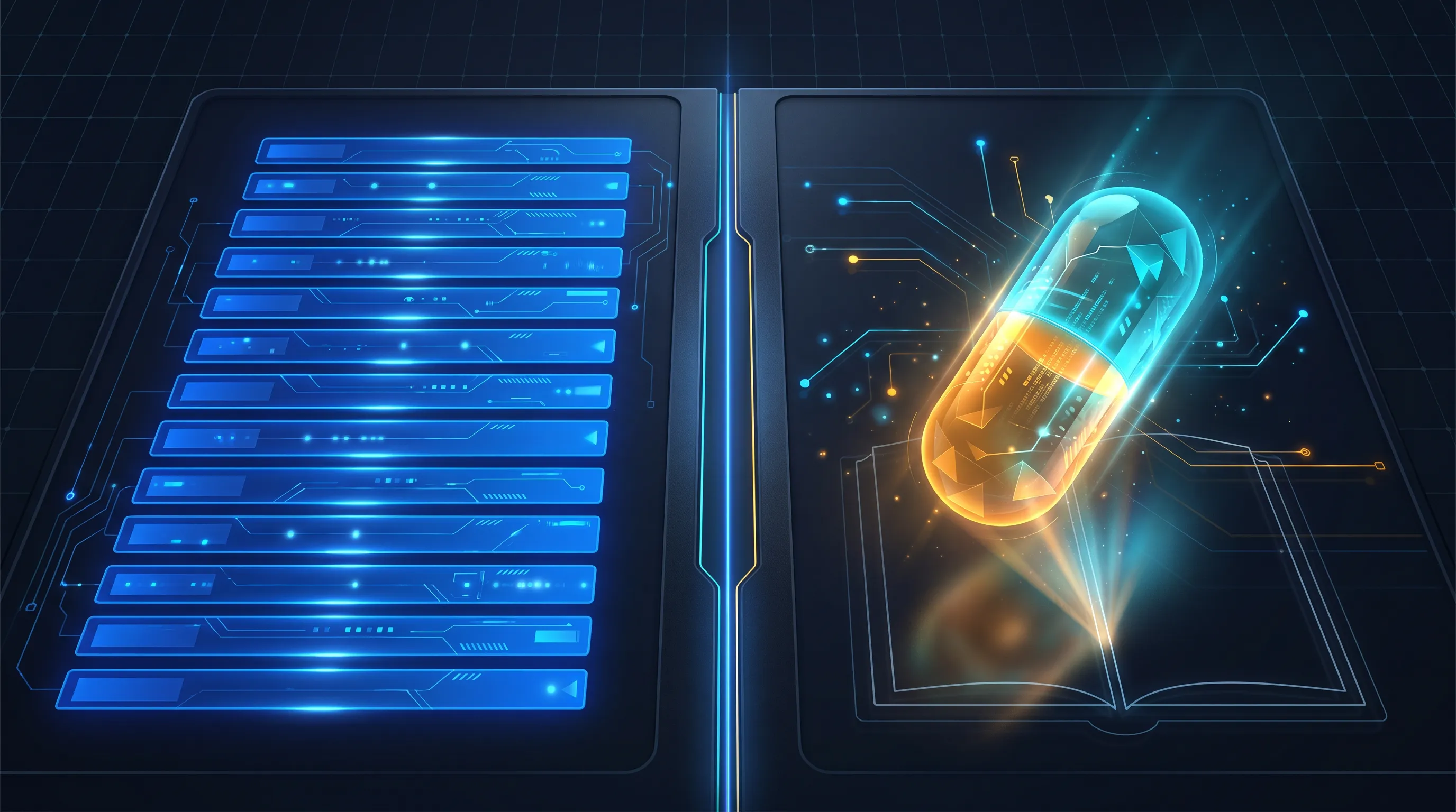 AEO versus SEO: a stack of cobalt ranked-result bars beside a single glowing amber answer capsule