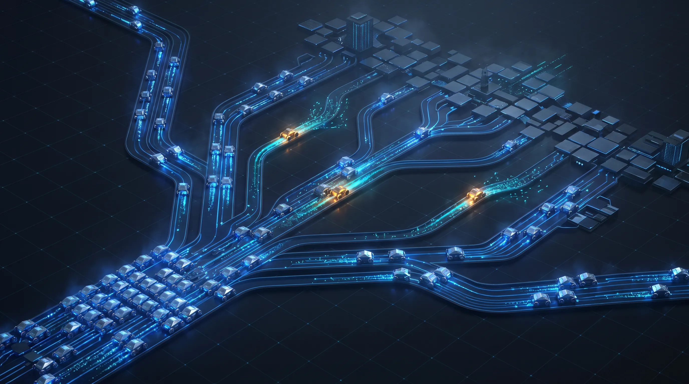 Abstract AI crawler bots traversing glowing cobalt data pathways across a dark network grid