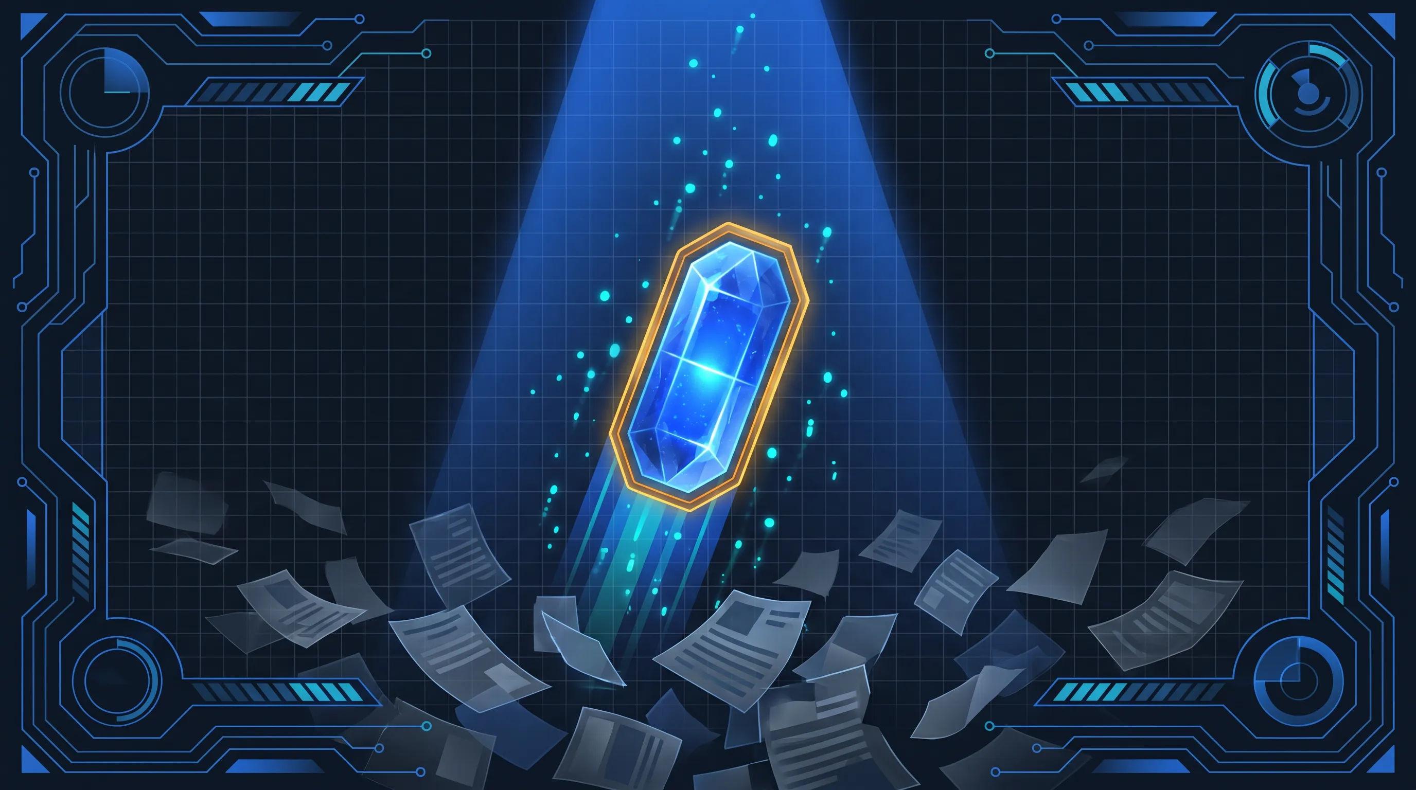 A glowing answer capsule lifted by a cobalt spotlight beam out of scattered document fragments
