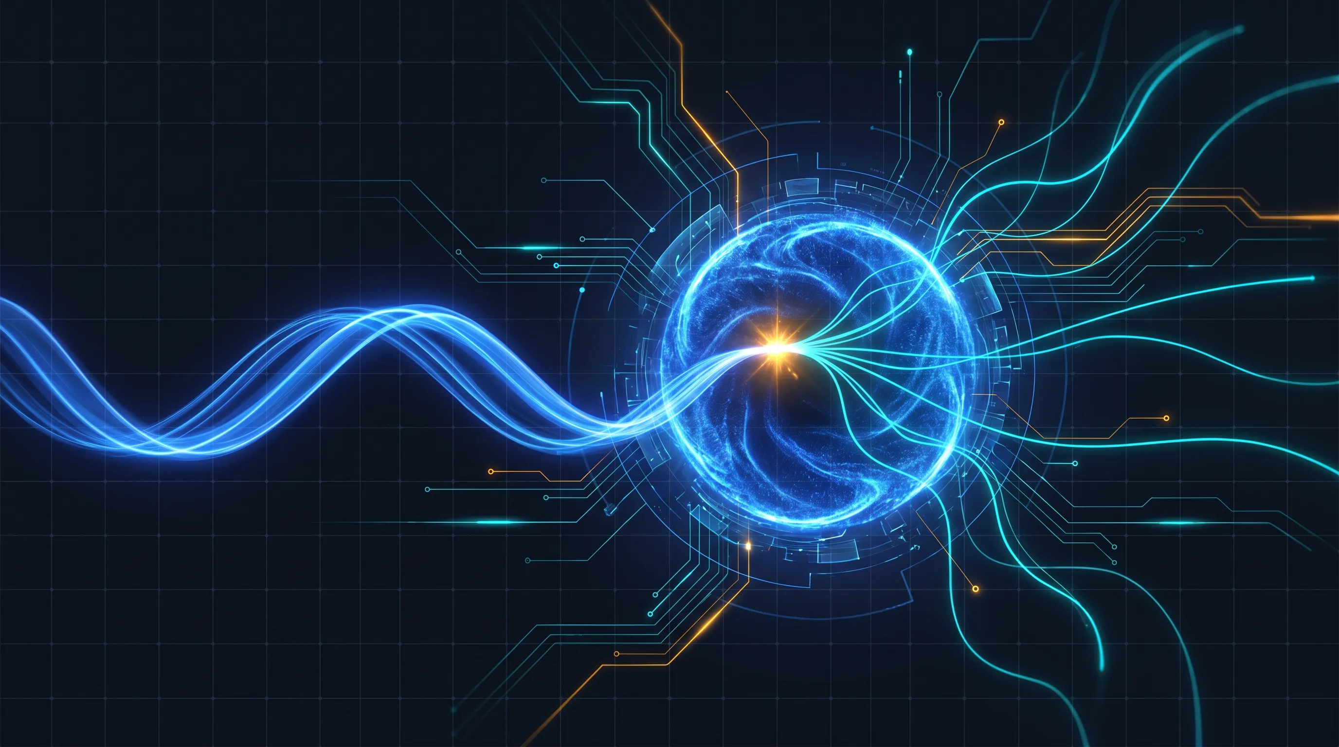 An abstract ChatGPT AI core with a prompt-and-response ribbon and an amber recommendation spark