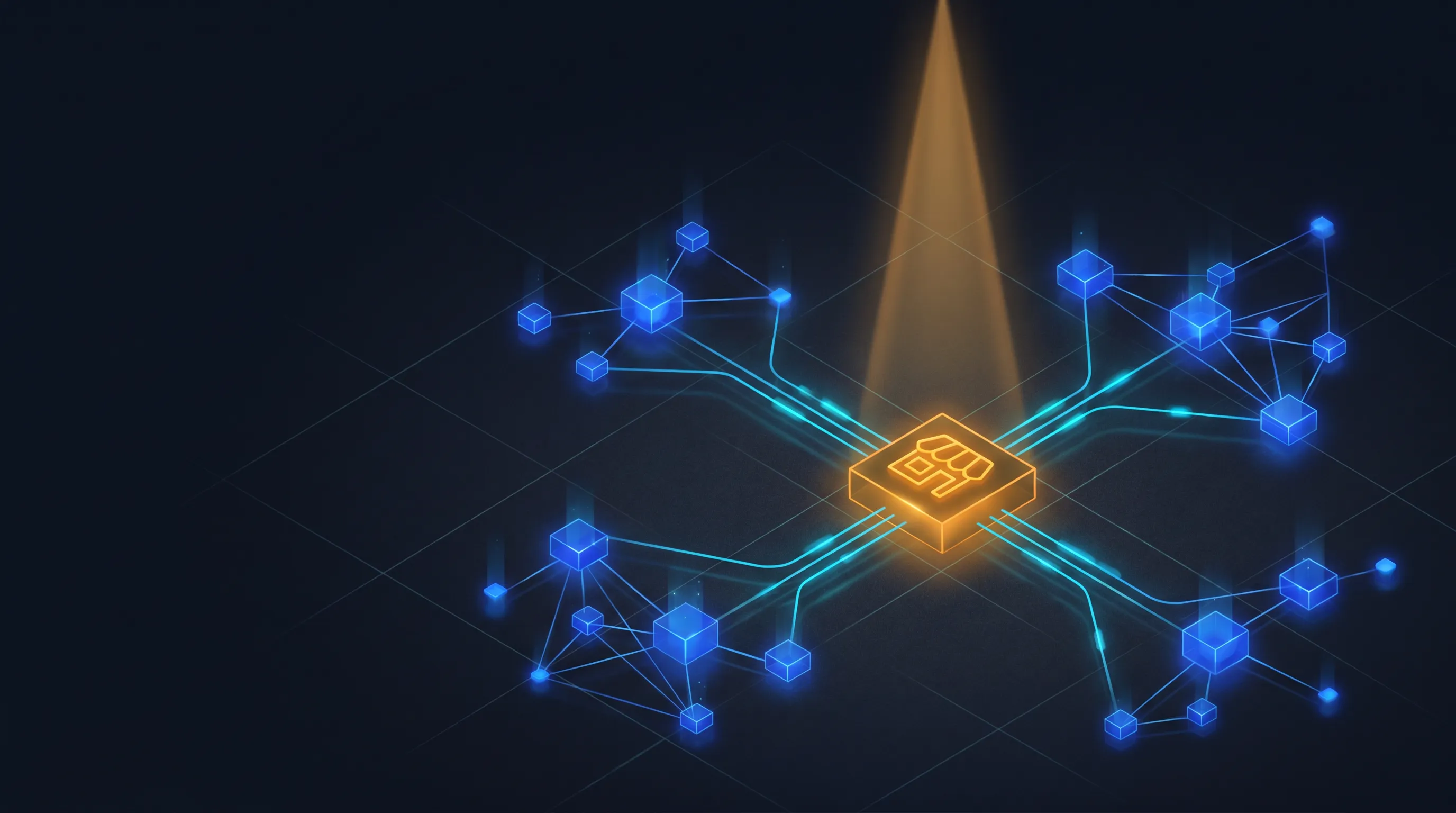 A single amber storefront node highlighted within a cobalt AI recommendation network