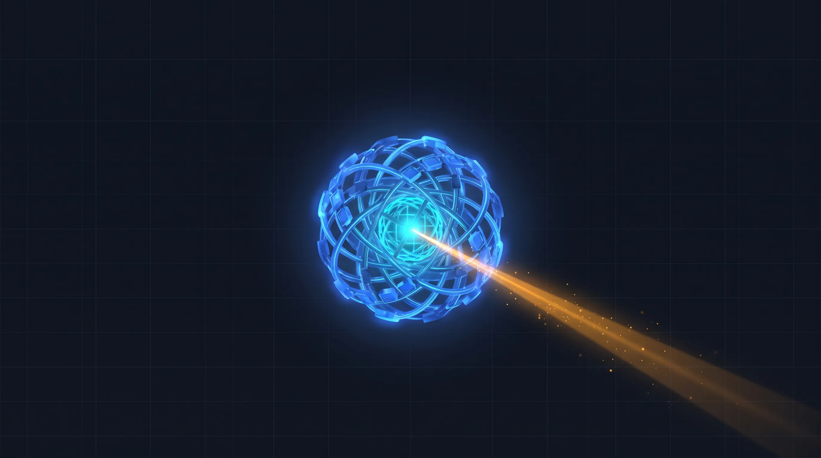 A glowing large-language-model core lattice emitting a single amber citation beam